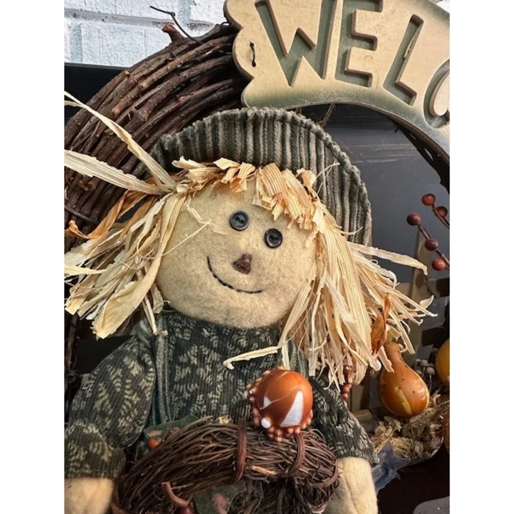 Dan Dee Scarecrow Welcome Wreath Fall Harvest Grapevine Door Decor‎ Rustic 16in